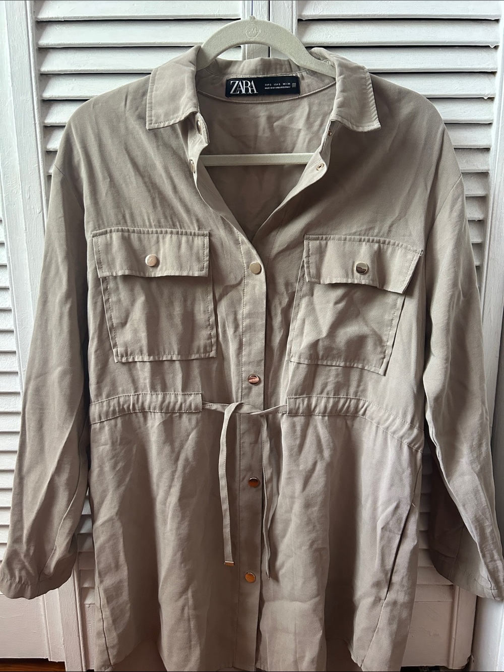 Zara Light Taupe Drawstring Utility Shirt Dress